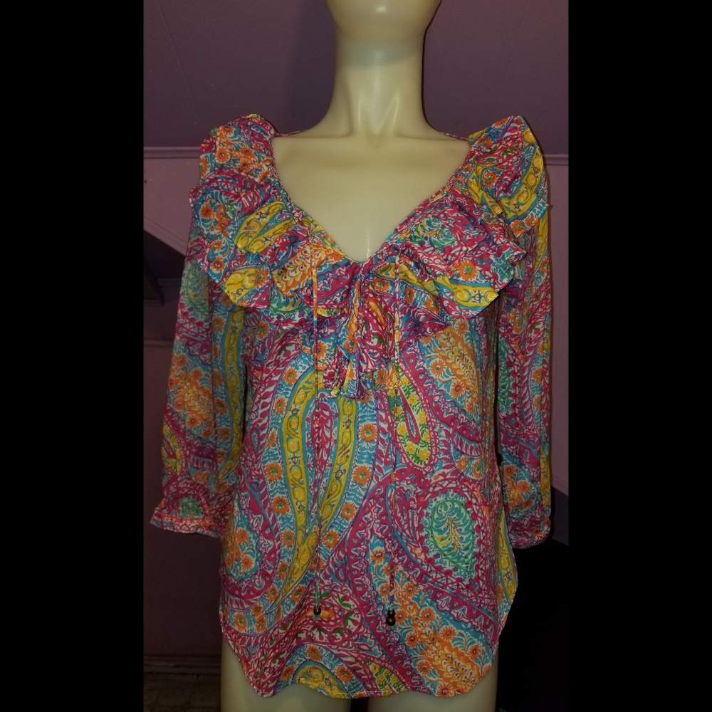 LAUREN RALPH LAUREN PAISLEY RUFFLE NECKLINE top